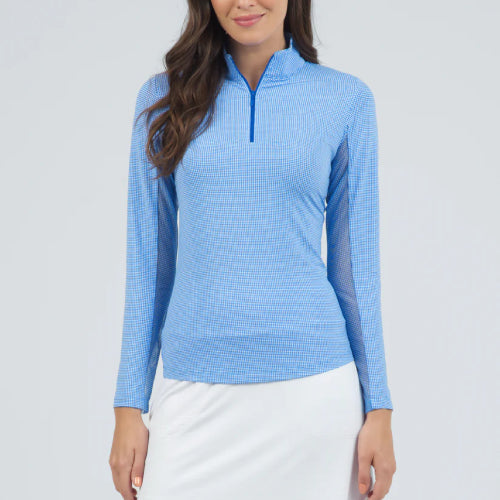 IBKUL Long Sleeve UV Protection - Mini Check Blue/White