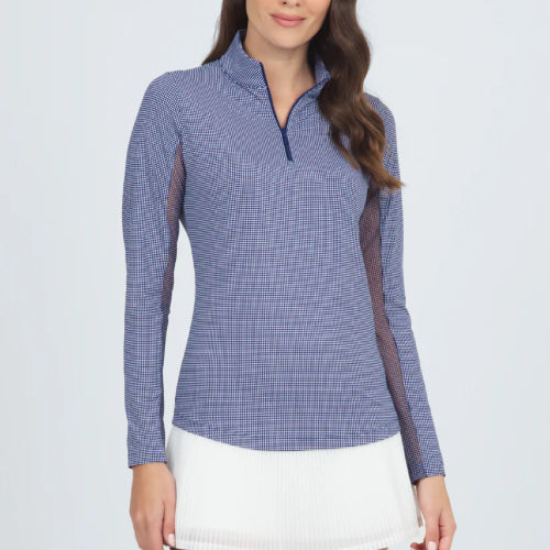 IBKUL Long Sleeve UV Protection - Mini Check Navy/White